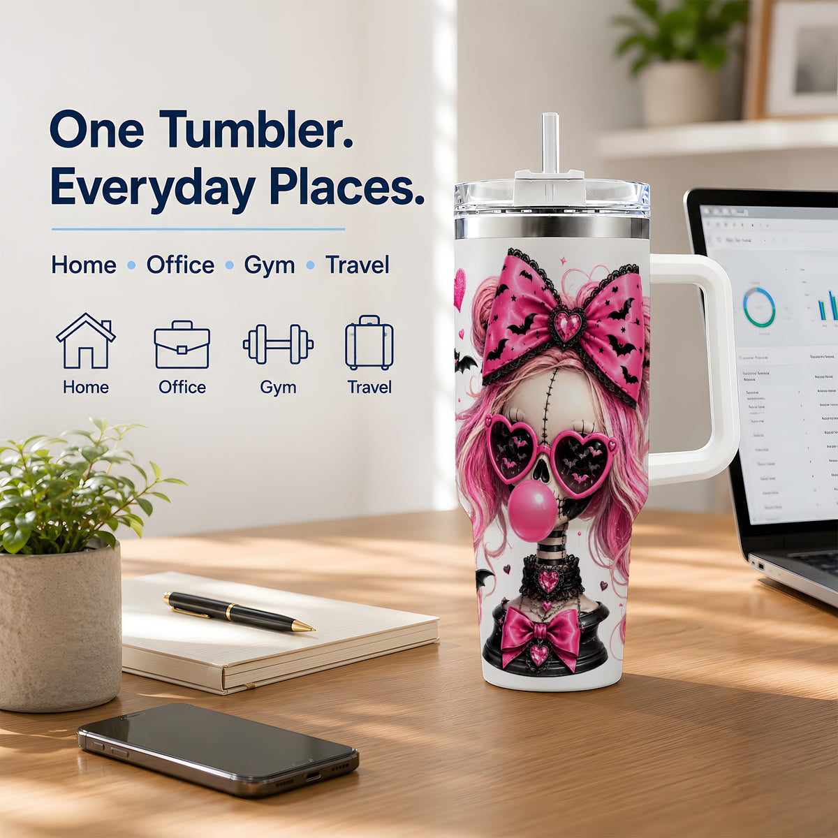 #pl[40oz|White] Pink Gothic Skeleton 40oz Tumbler, Halloween Bats and Bow Artwork