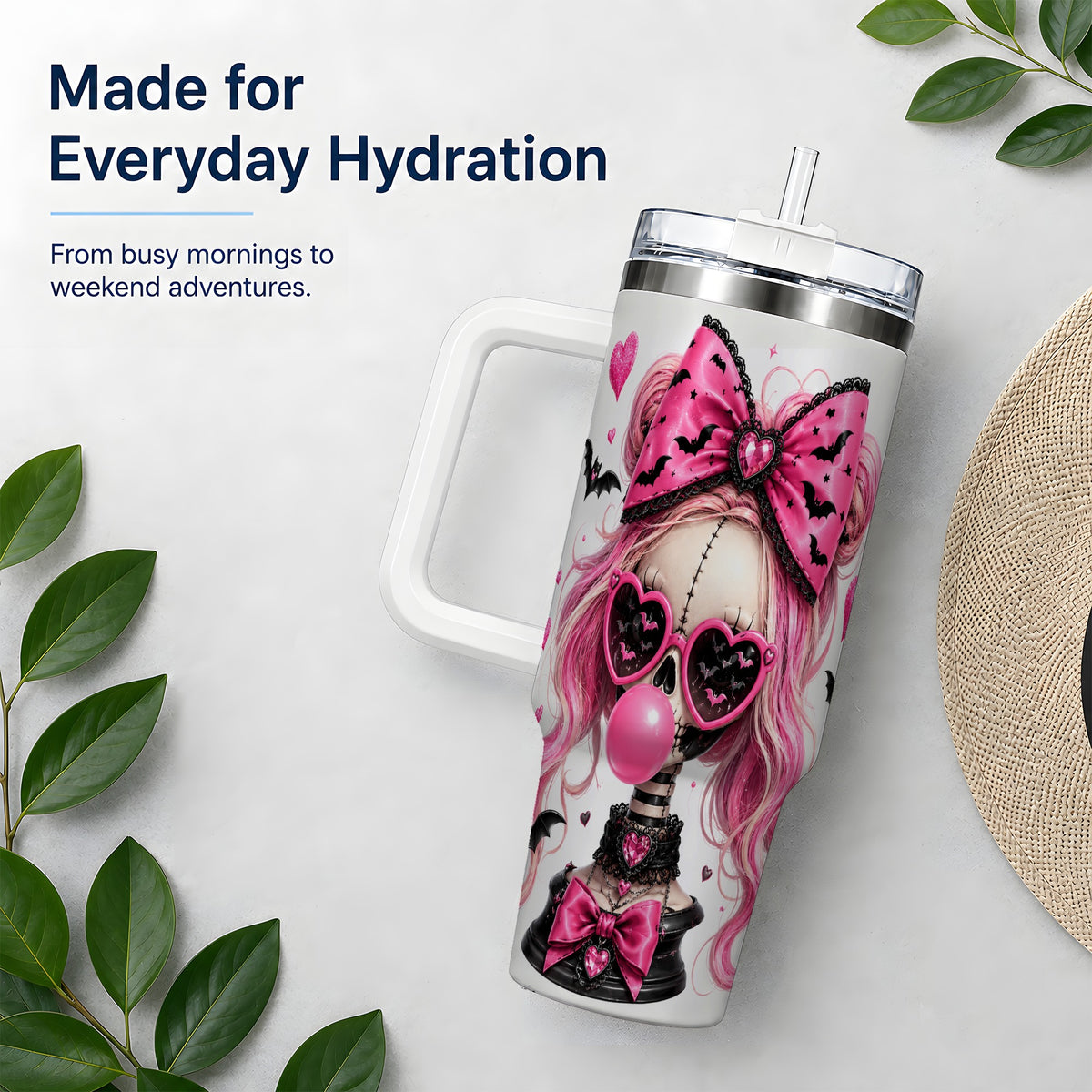 #pl[40oz|White] Pink Gothic Skeleton 40oz Tumbler, Halloween Bats and Bow Artwork