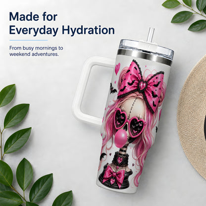 #pl[40oz|White] Pink Gothic Skeleton 40oz Tumbler, Halloween Bats and Bow Artwork