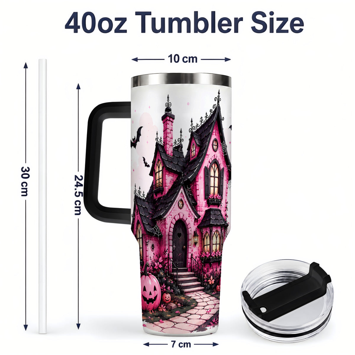 #pl[40oz|Black] Pink Haunted House Tumbler, 40oz Halloween Drinkware with Pumpkins