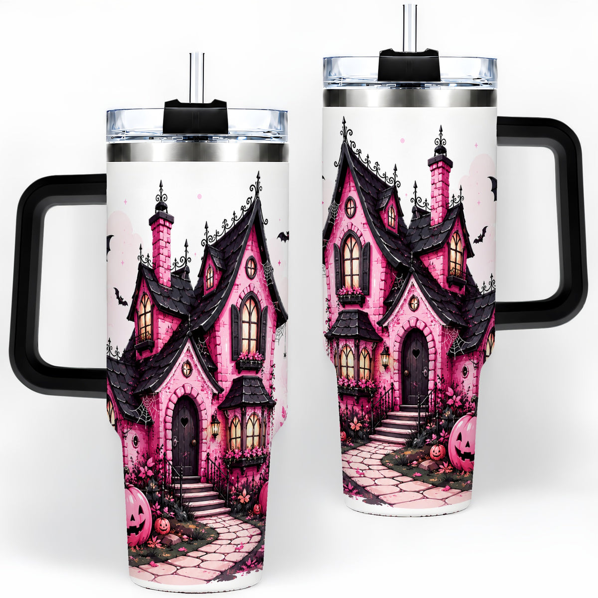 #pl[40oz|Black] Pink Haunted House Tumbler, 40oz Halloween Drinkware with Pumpkins