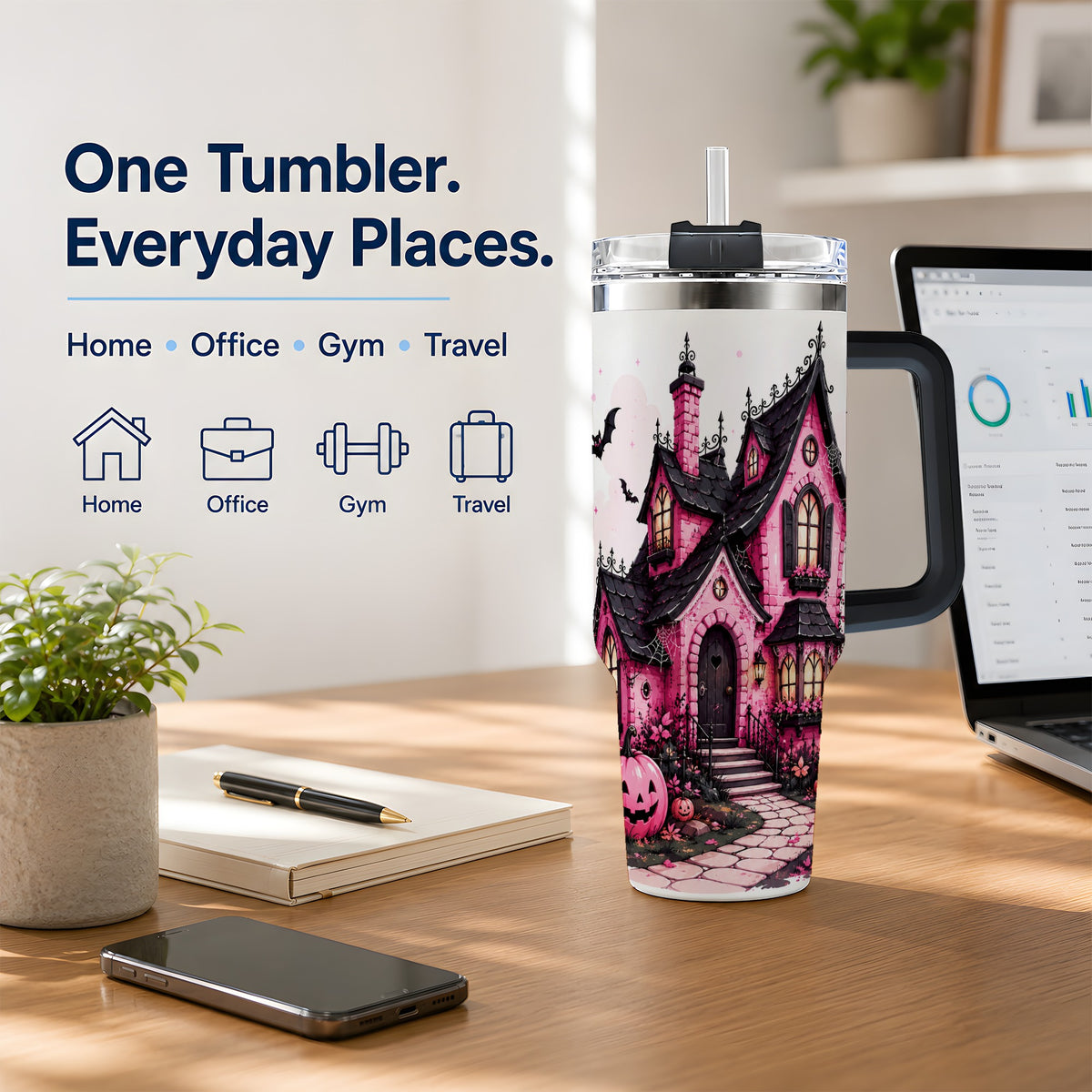 #pl[40oz|Black] Pink Haunted House Tumbler, 40oz Halloween Drinkware with Pumpkins