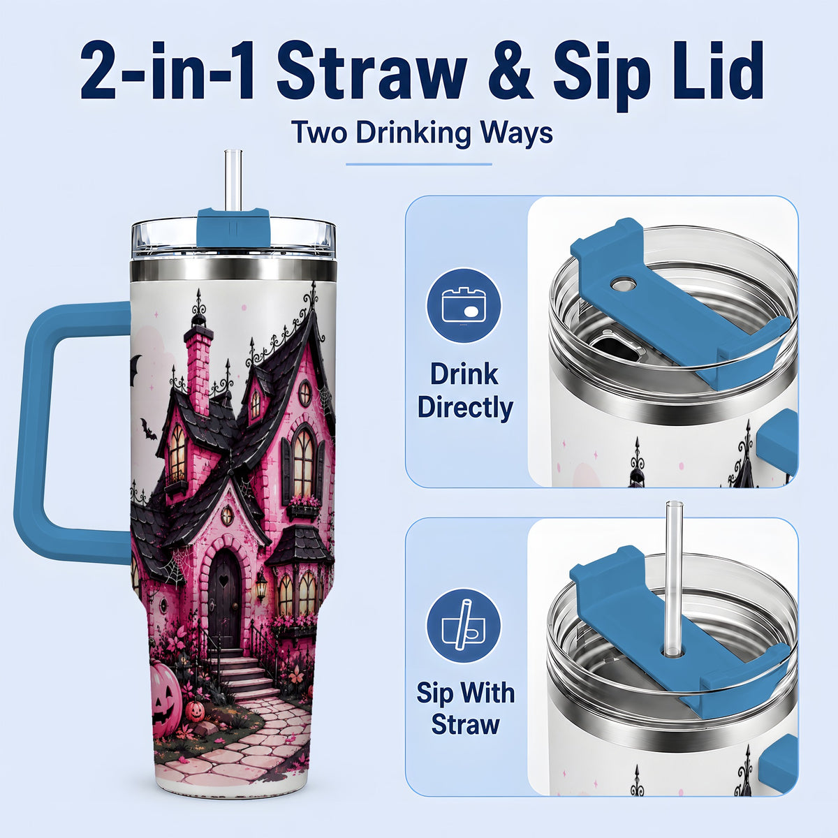 #pl[40oz|Blue] Pink Haunted House Tumbler, 40oz Halloween Drinkware with Pumpkins