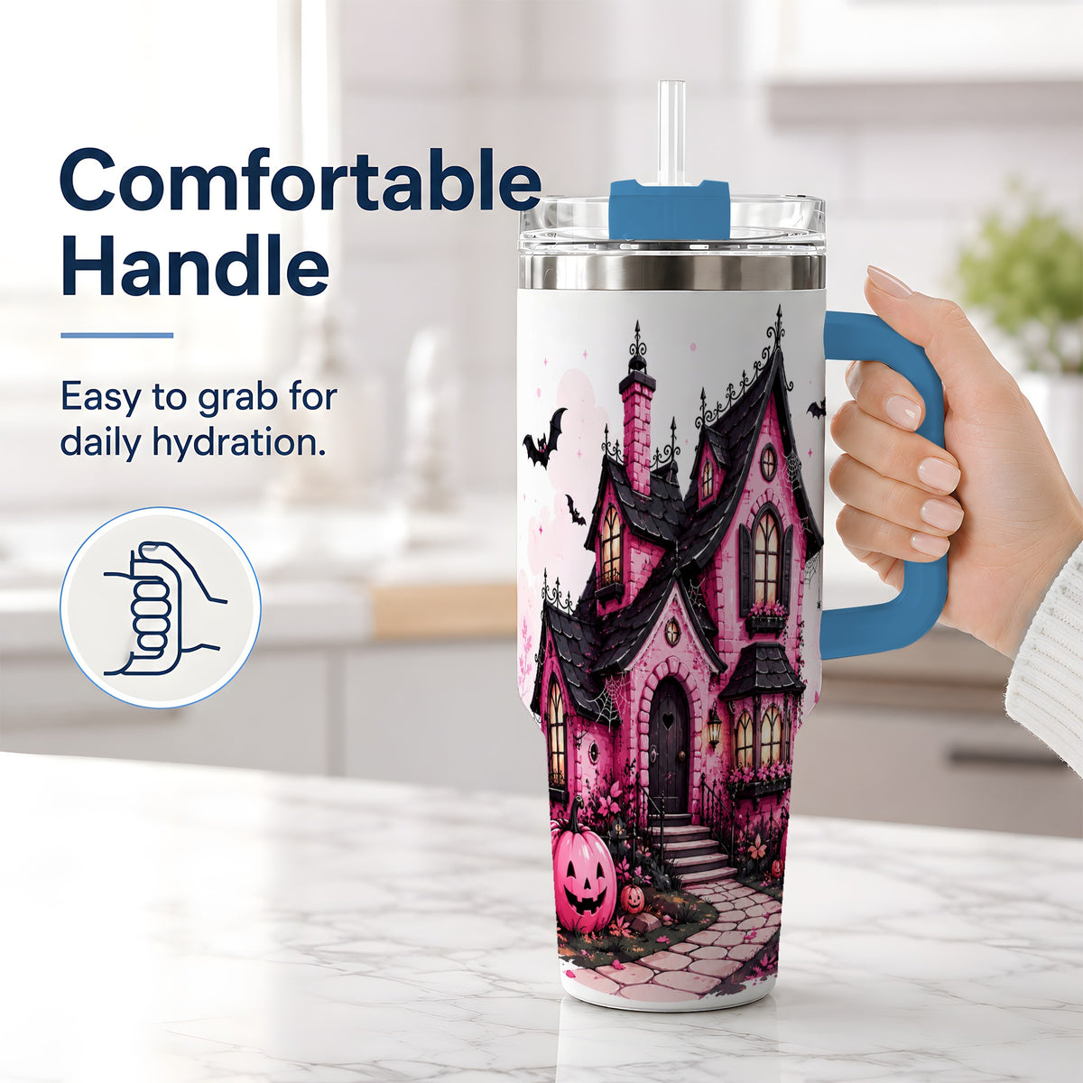 #pl[40oz|Blue] Pink Haunted House Tumbler, 40oz Halloween Drinkware with Pumpkins