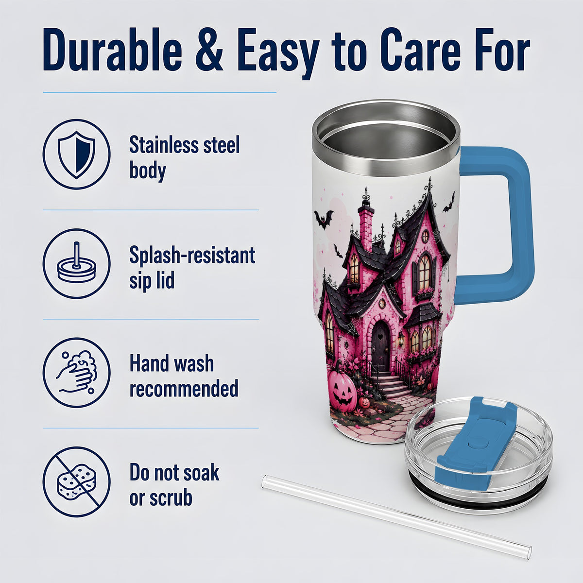 #pl[40oz|Blue] Pink Haunted House Tumbler, 40oz Halloween Drinkware with Pumpkins