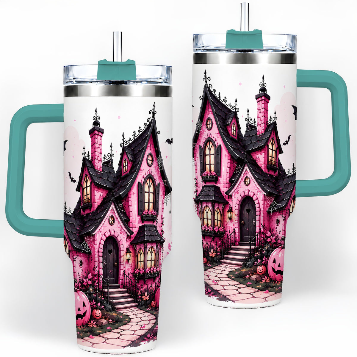 #pl[40oz|Green] Pink Haunted House Tumbler, 40oz Halloween Drinkware with Pumpkins