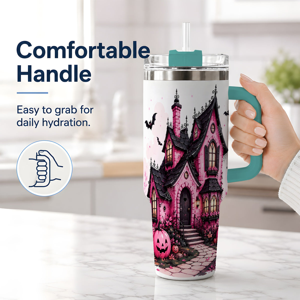 #pl[40oz|Green] Pink Haunted House Tumbler, 40oz Halloween Drinkware with Pumpkins