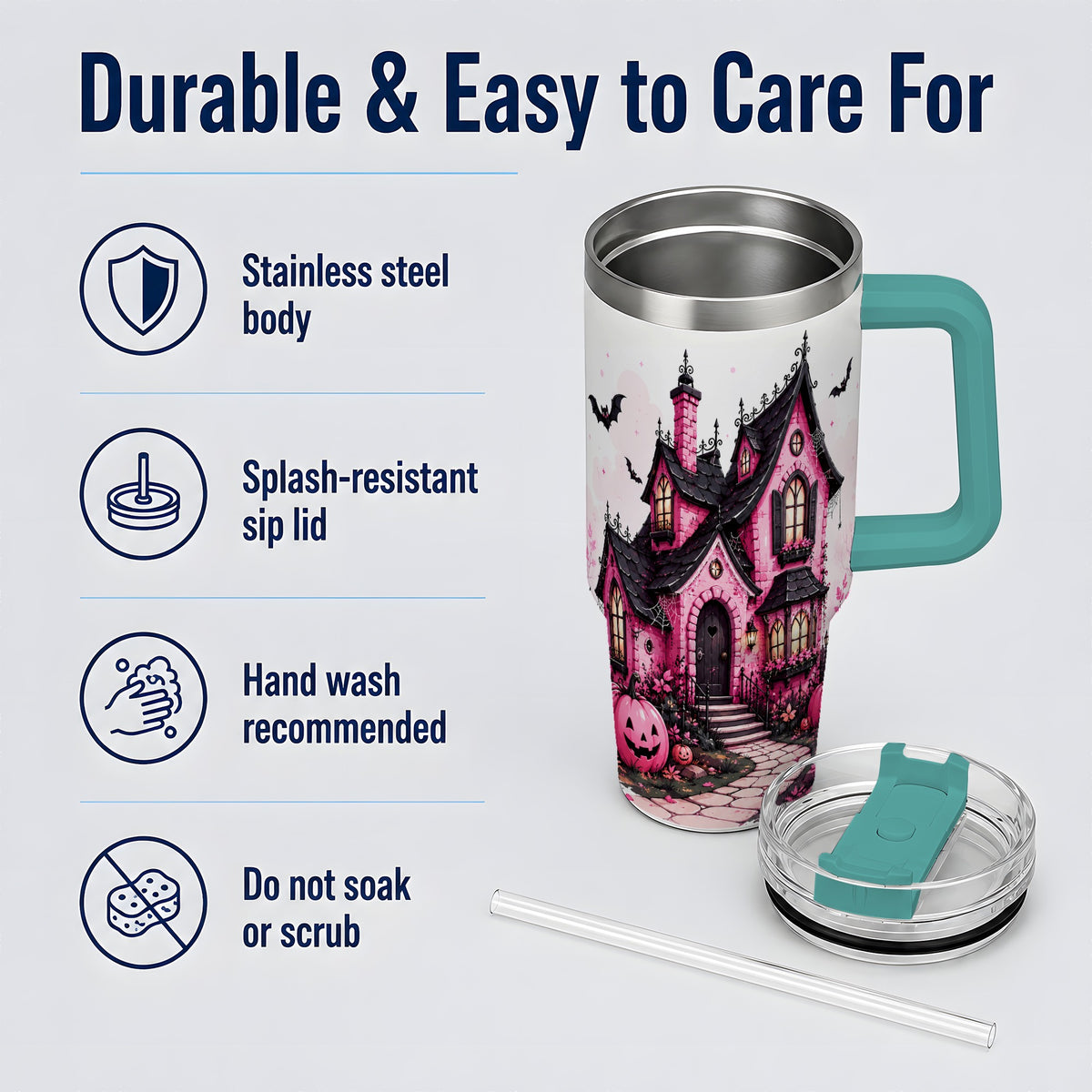 #pl[40oz|Green] Pink Haunted House Tumbler, 40oz Halloween Drinkware with Pumpkins