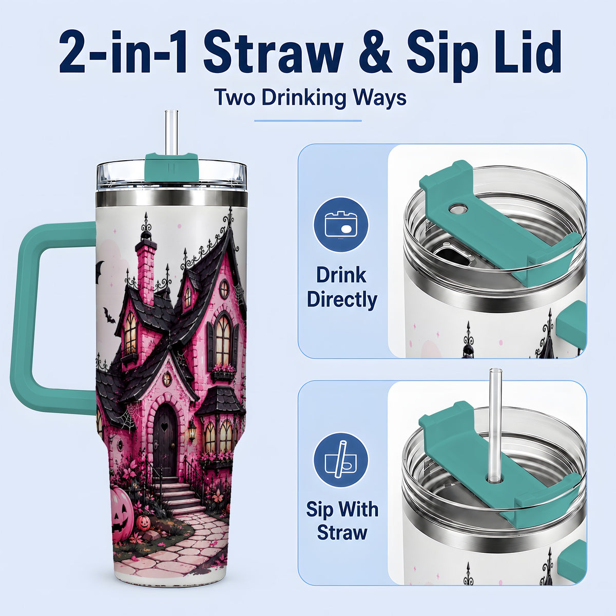 #pl[40oz|Green] Pink Haunted House Tumbler, 40oz Halloween Drinkware with Pumpkins