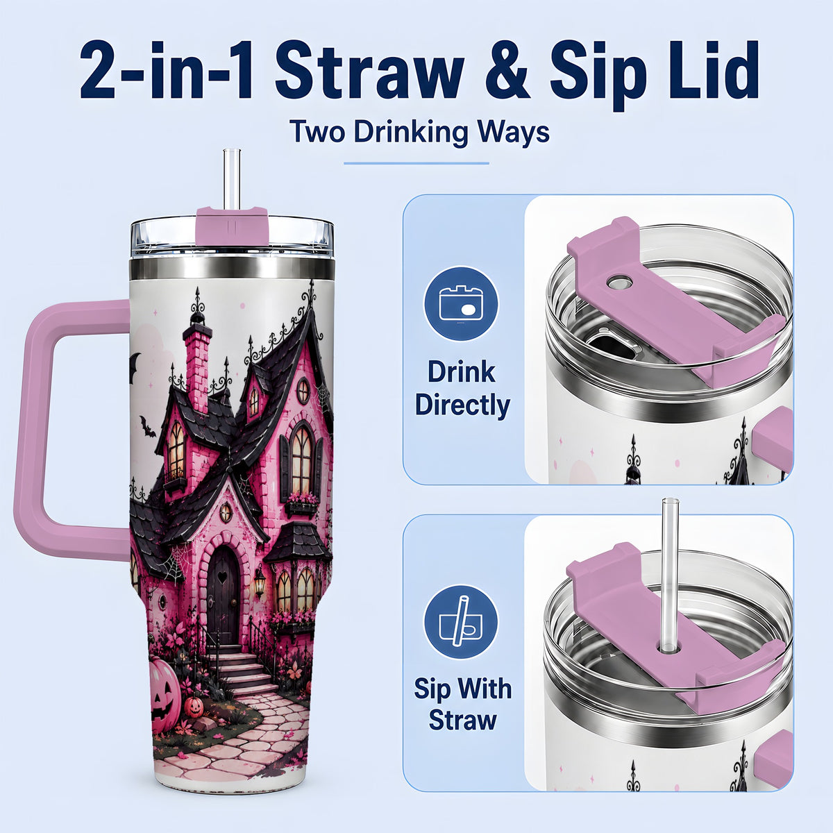 #pl[40oz|Pink] Pink Haunted House Tumbler, 40oz Halloween Drinkware with Pumpkins