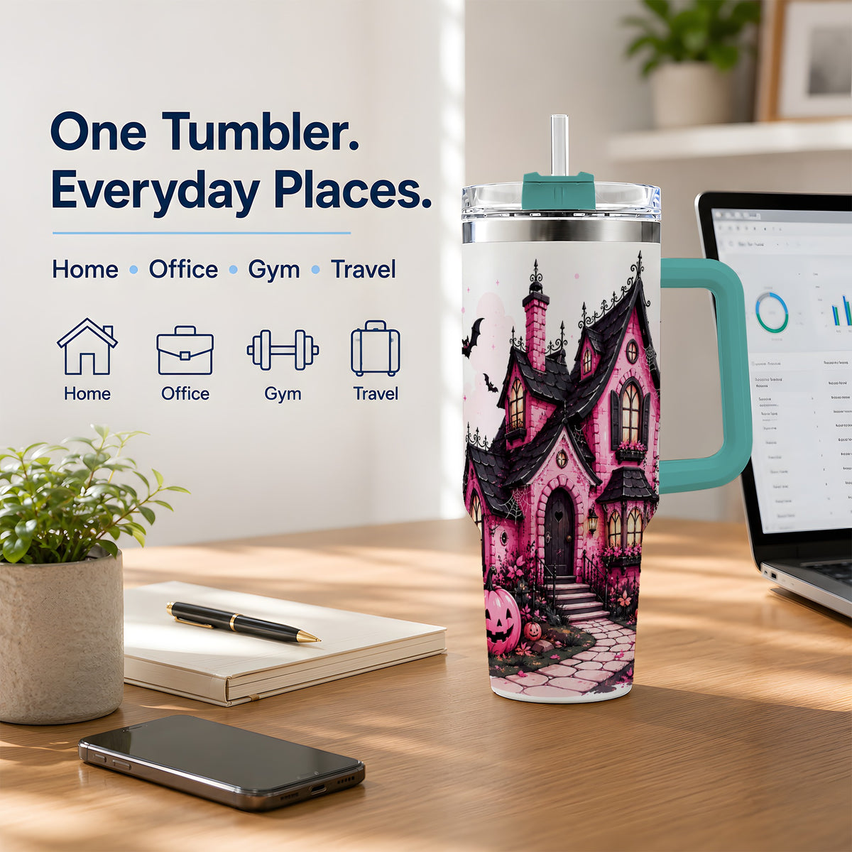 #pl[40oz|Green] Pink Haunted House Tumbler, 40oz Halloween Drinkware with Pumpkins
