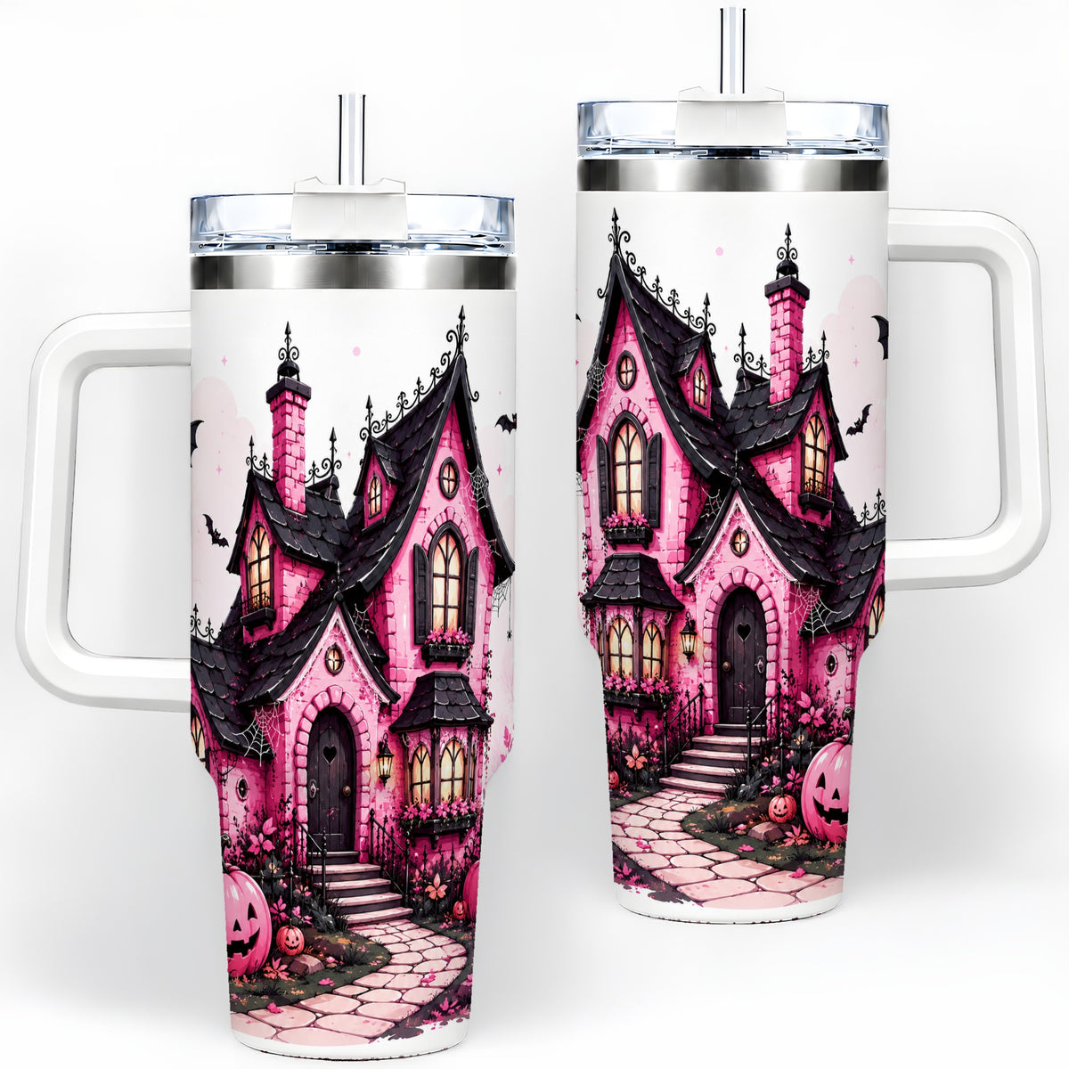 Pink Haunted House Tumbler, 40oz Halloween Drinkware with Pumpkins