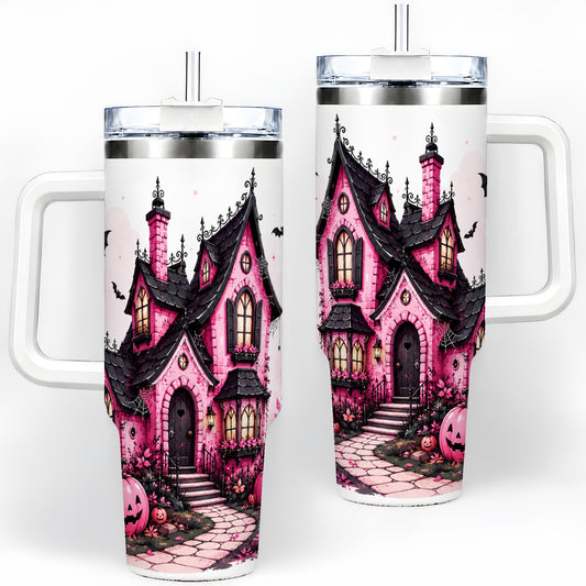 Pink Haunted House Tumbler, 40oz Halloween Drinkware with Pumpkins