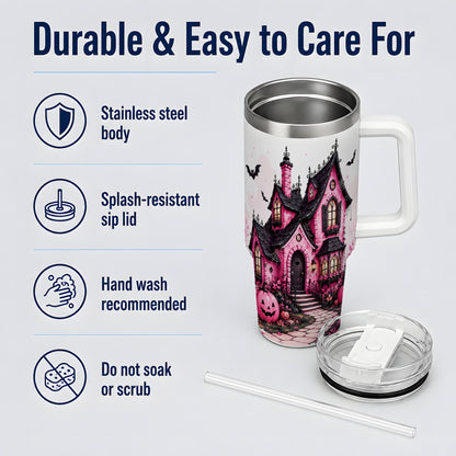 #pl[40oz|White] Pink Haunted House Tumbler, 40oz Halloween Drinkware with Pumpkins