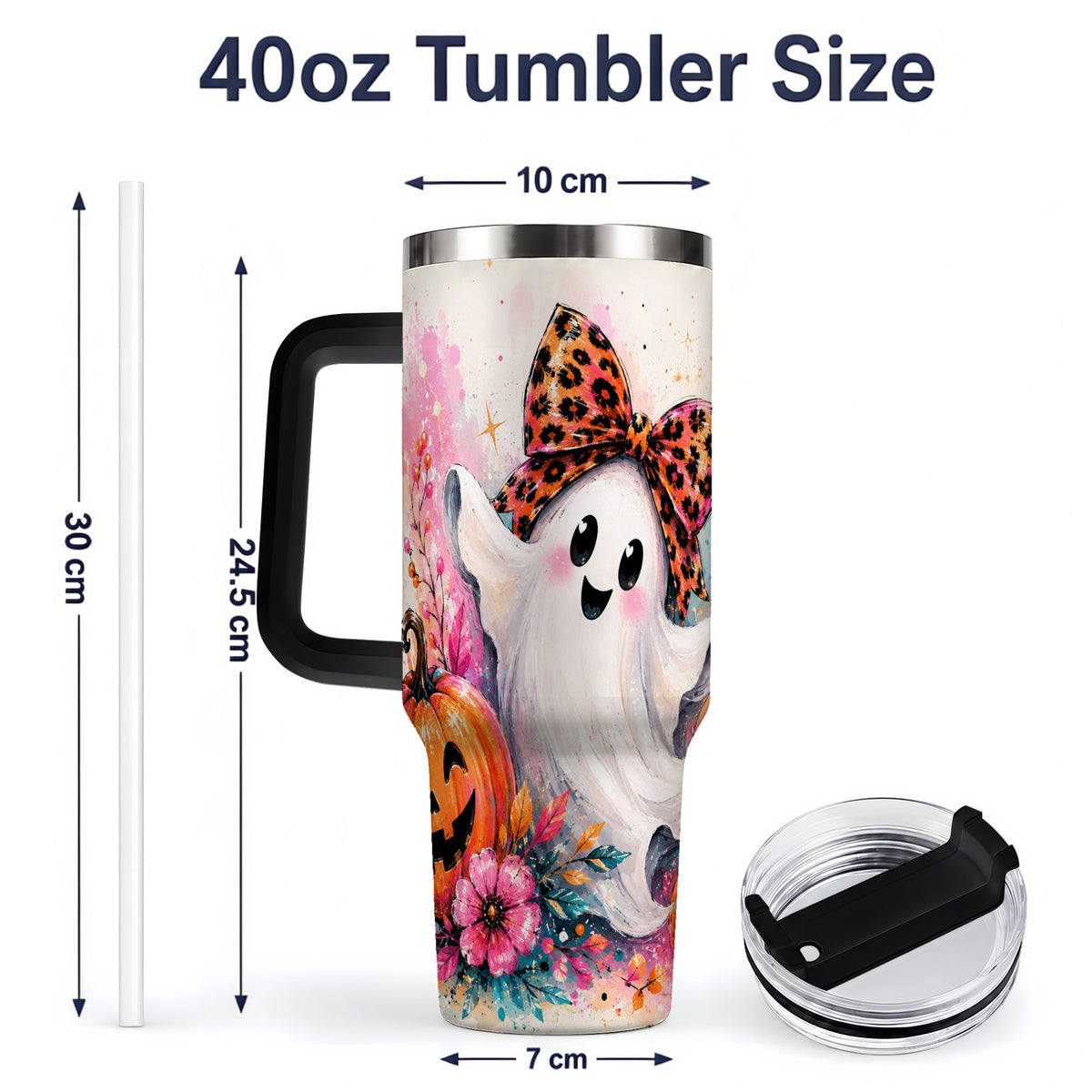 #pl[40oz|Black] Cute Ghost Pumpkin Tumbler, 40oz Halloween Drinkware with Floral Art