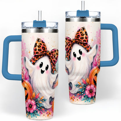 #pl[40oz|Blue] Cute Ghost Pumpkin Tumbler, 40oz Halloween Drinkware with Floral Art