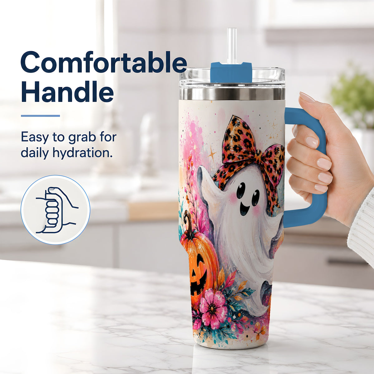 #pl[40oz|Blue] Cute Ghost Pumpkin Tumbler, 40oz Halloween Drinkware with Floral Art