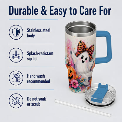 #pl[40oz|Blue] Cute Ghost Pumpkin Tumbler, 40oz Halloween Drinkware with Floral Art