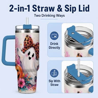 #pl[40oz|Blue] Cute Ghost Pumpkin Tumbler, 40oz Halloween Drinkware with Floral Art