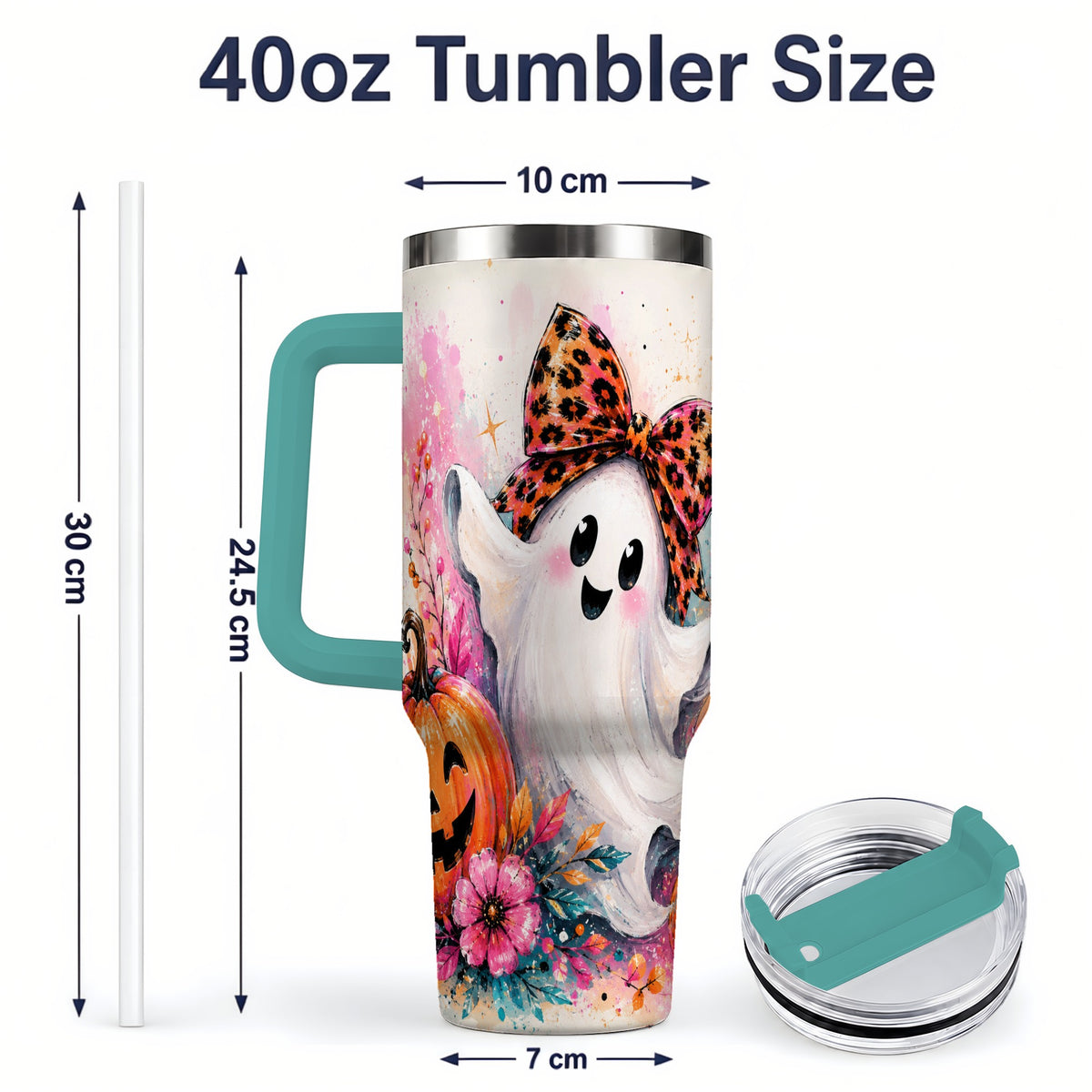 #pl[40oz|Green] Cute Ghost Pumpkin Tumbler, 40oz Halloween Drinkware with Floral Art