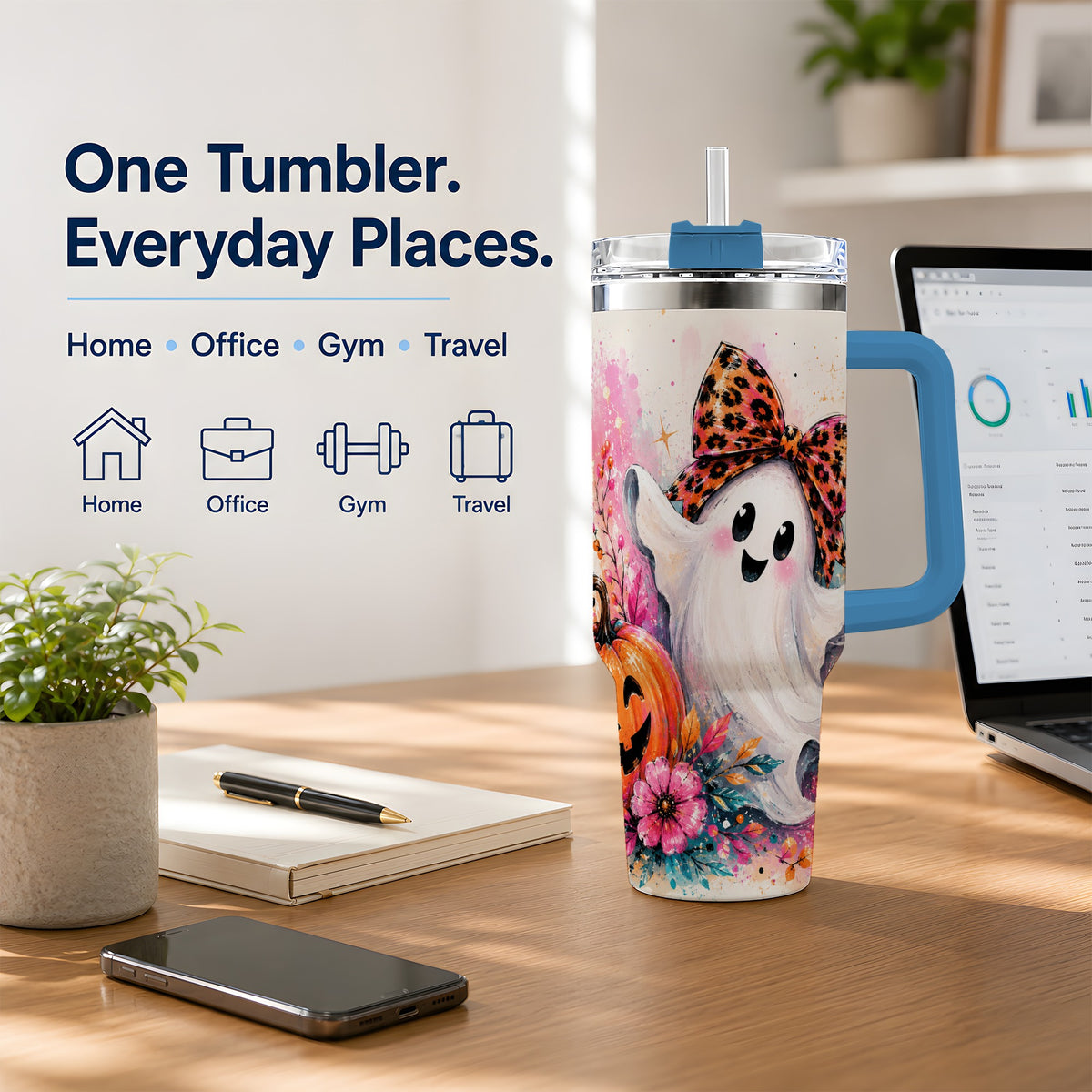 #pl[40oz|Blue] Cute Ghost Pumpkin Tumbler, 40oz Halloween Drinkware with Floral Art