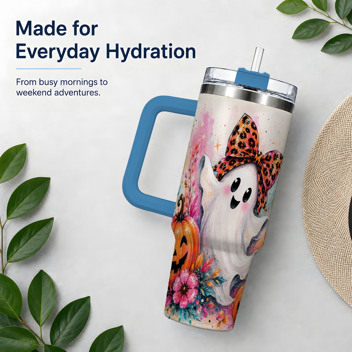 #pl[40oz|Blue] Cute Ghost Pumpkin Tumbler, 40oz Halloween Drinkware with Floral Art