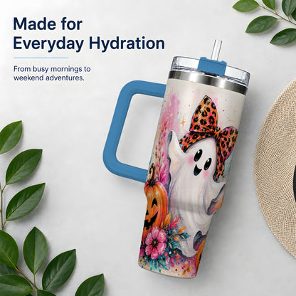 #pl[40oz|Blue] Cute Ghost Pumpkin Tumbler, 40oz Halloween Drinkware with Floral Art