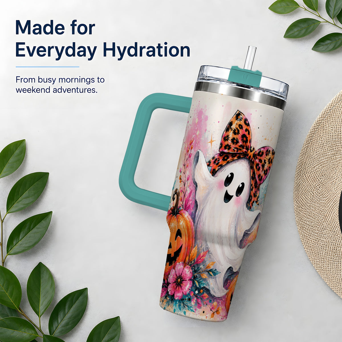 #pl[40oz|Green] Cute Ghost Pumpkin Tumbler, 40oz Halloween Drinkware with Floral Art