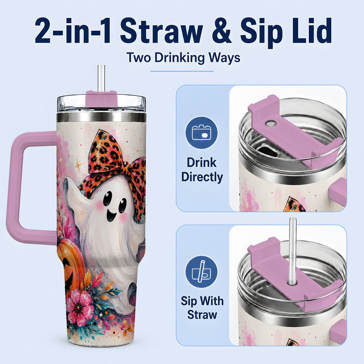 #pl[40oz|Pink] Cute Ghost Pumpkin Tumbler, 40oz Halloween Drinkware with Floral Art