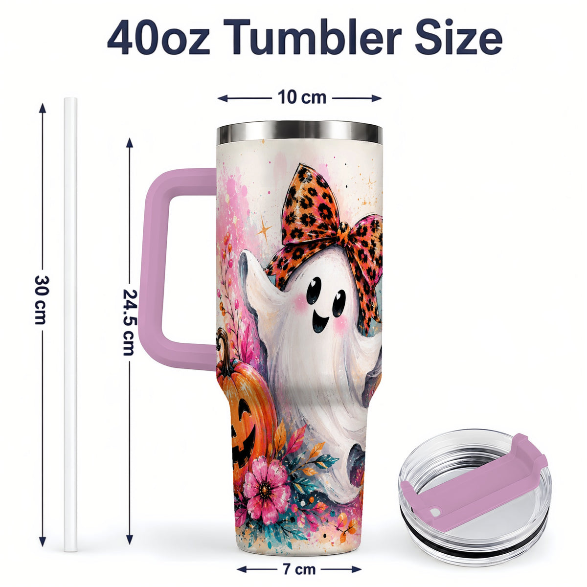 #pl[40oz|Pink] Cute Ghost Pumpkin Tumbler, 40oz Halloween Drinkware with Floral Art