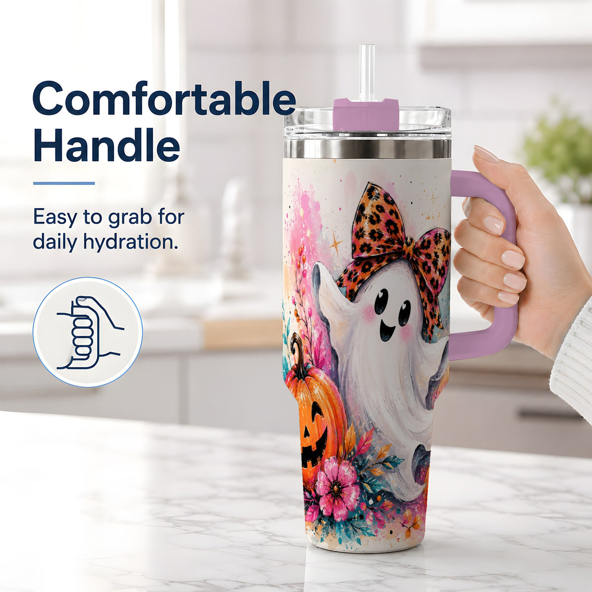 #pl[40oz|Pink] Cute Ghost Pumpkin Tumbler, 40oz Halloween Drinkware with Floral Art