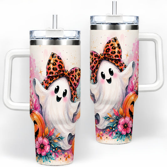 Cute Ghost Pumpkin Tumbler, 40oz Halloween Drinkware with Floral Art