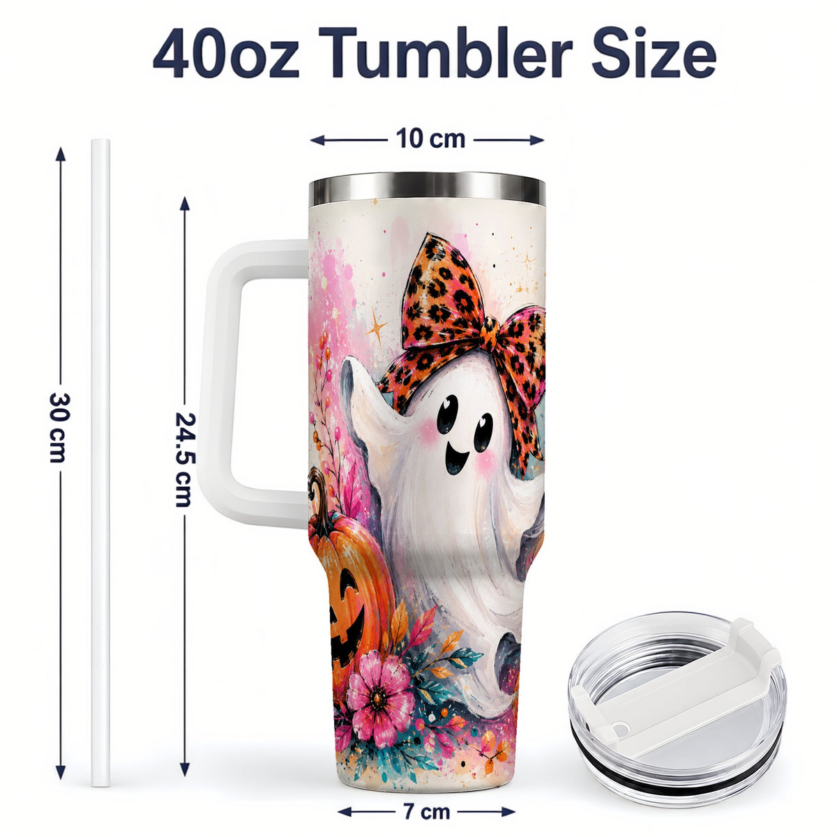 #pl[40oz|White] Cute Ghost Pumpkin Tumbler, 40oz Halloween Drinkware with Floral Art