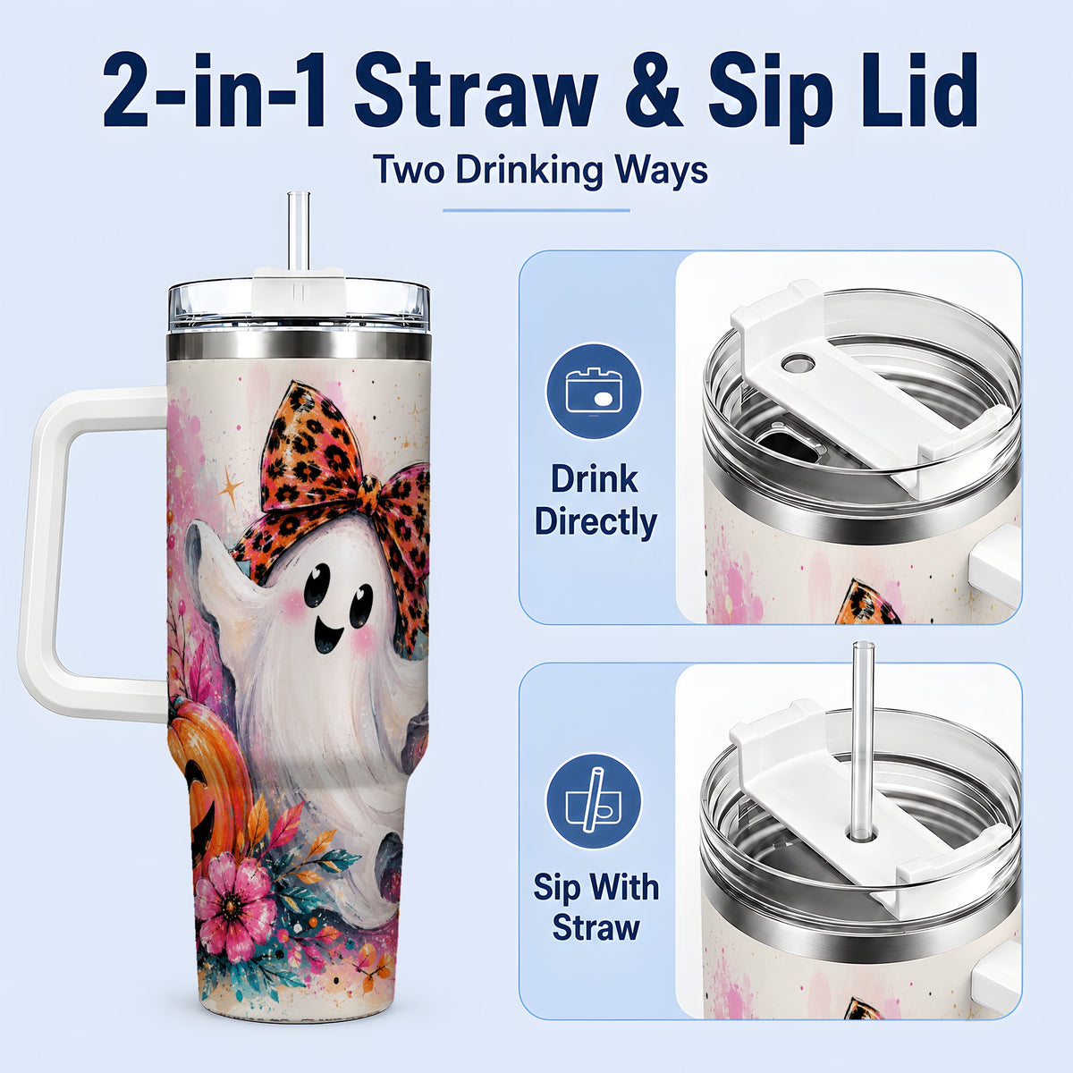 #pl[40oz|White] Cute Ghost Pumpkin Tumbler, 40oz Halloween Drinkware with Floral Art