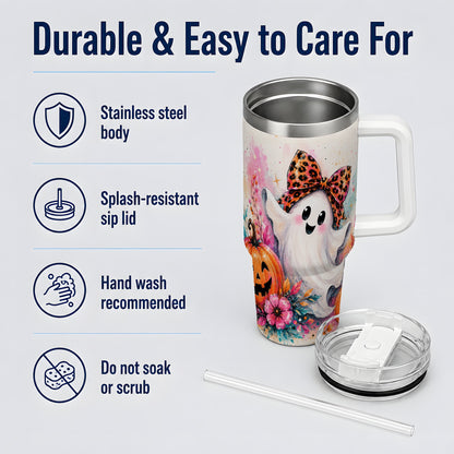 #pl[40oz|White] Cute Ghost Pumpkin Tumbler, 40oz Halloween Drinkware with Floral Art