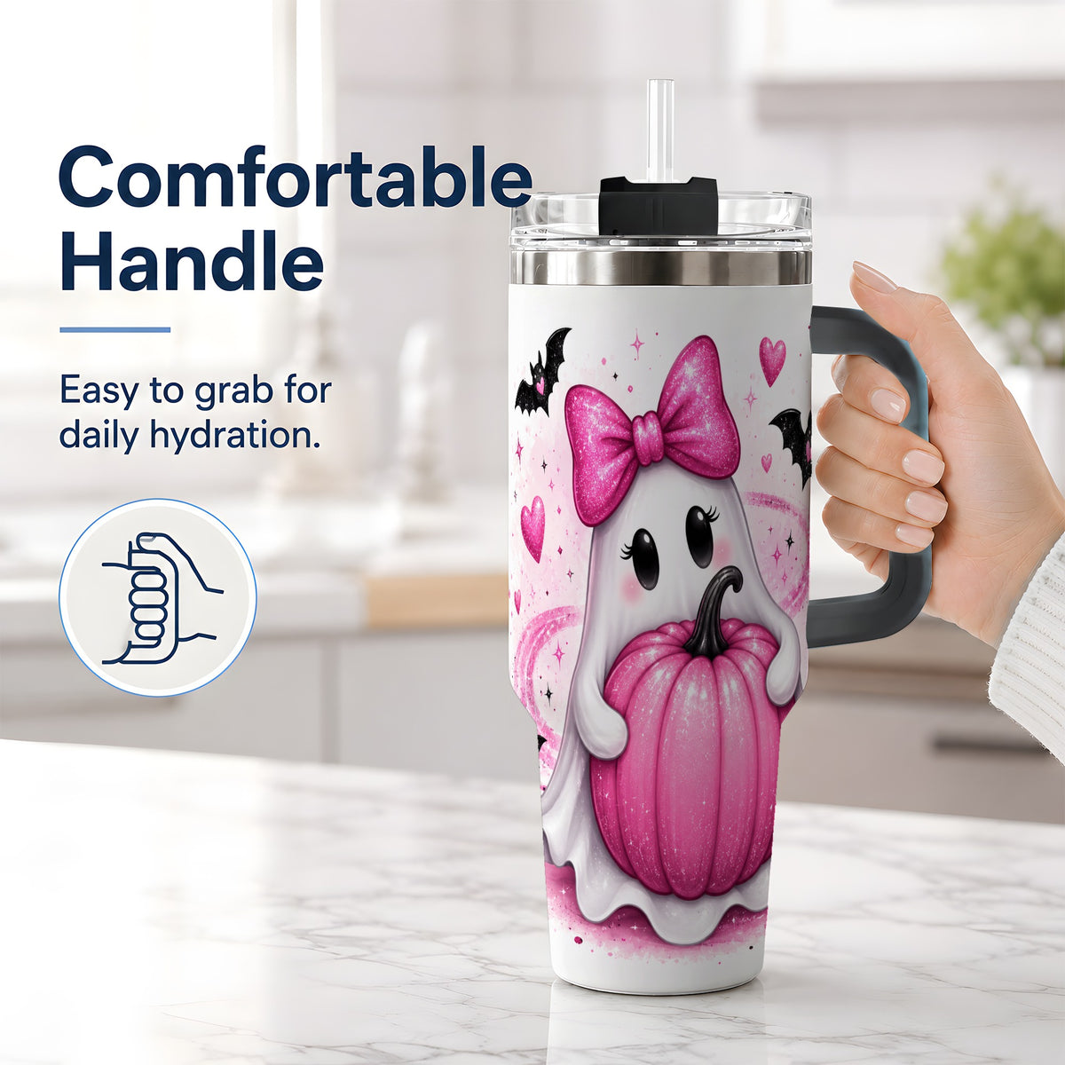 #pl[40oz|Black] Pink Ghost Pumpkin Tumbler, 40oz Halloween Drinkware with Bats