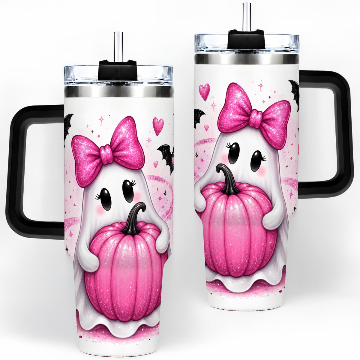 #pl[40oz|Black] Pink Ghost Pumpkin Tumbler, 40oz Halloween Drinkware with Bats
