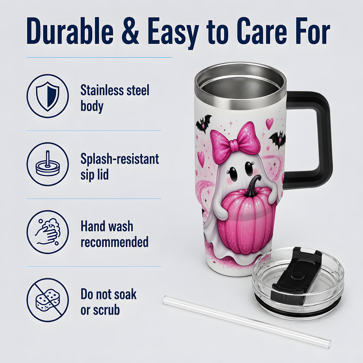 #pl[40oz|Black] Pink Ghost Pumpkin Tumbler, 40oz Halloween Drinkware with Bats