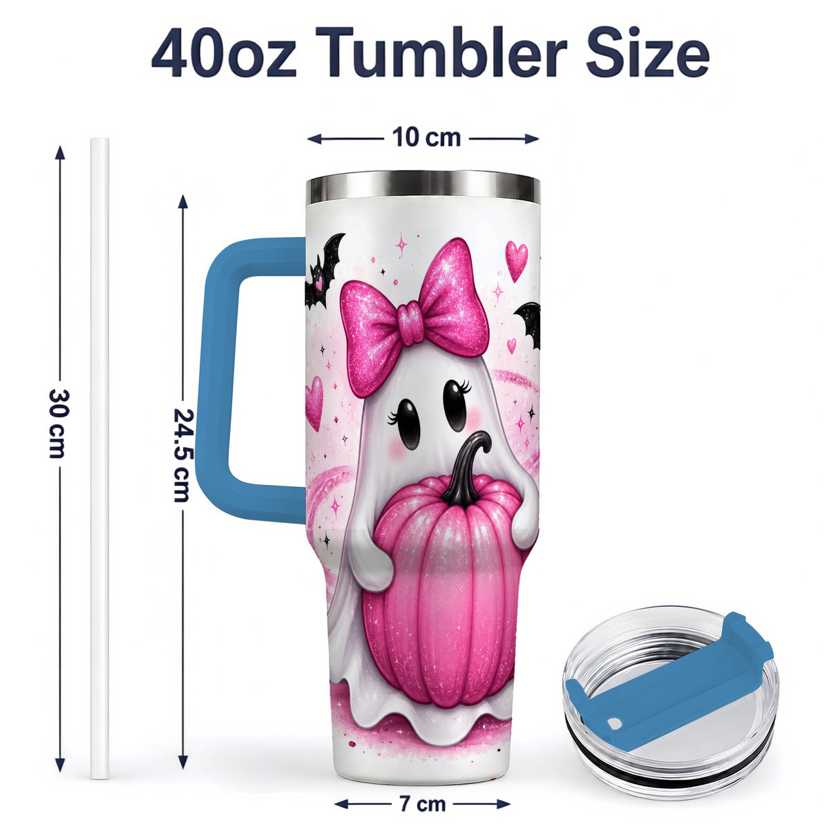 #pl[40oz|Blue] Pink Ghost Pumpkin Tumbler, 40oz Halloween Drinkware with Bats