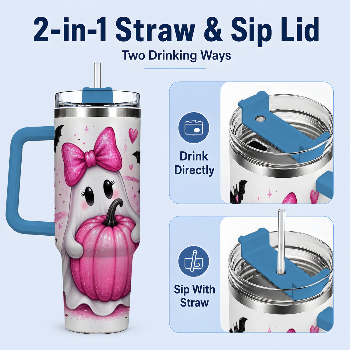 #pl[40oz|Blue] Pink Ghost Pumpkin Tumbler, 40oz Halloween Drinkware with Bats