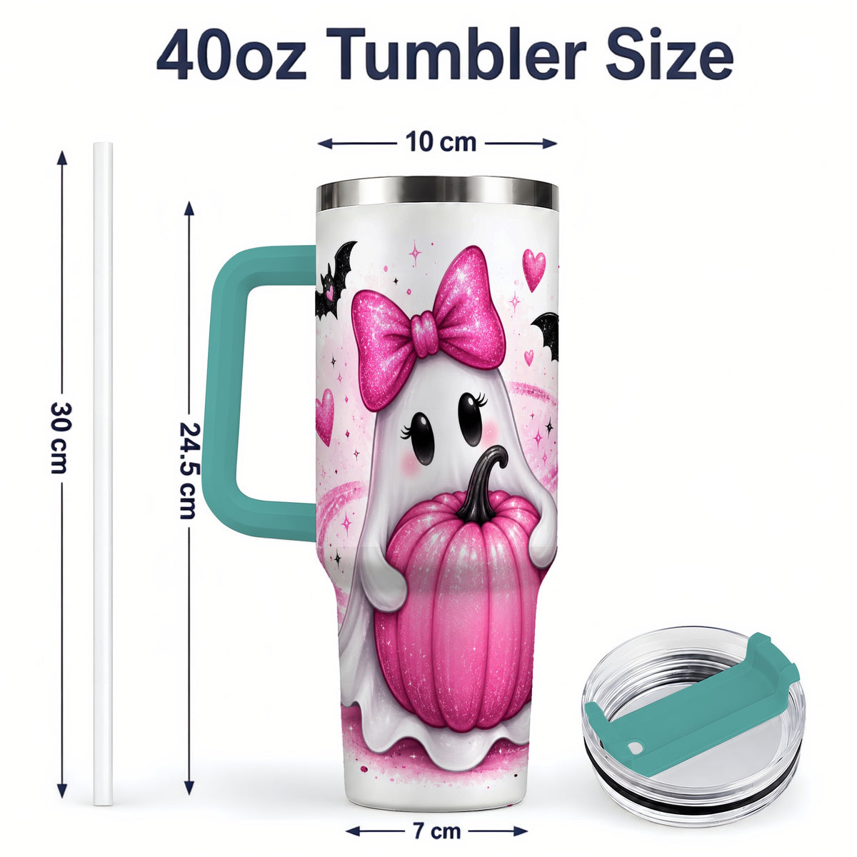 #pl[40oz|Green] Pink Ghost Pumpkin Tumbler, 40oz Halloween Drinkware with Bats