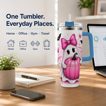 #pl[40oz|Blue] Pink Ghost Pumpkin Tumbler, 40oz Halloween Drinkware with Bats