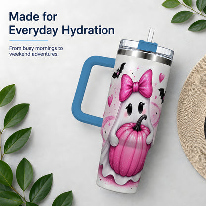 #pl[40oz|Blue] Pink Ghost Pumpkin Tumbler, 40oz Halloween Drinkware with Bats