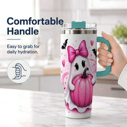 #pl[40oz|Green] Pink Ghost Pumpkin Tumbler, 40oz Halloween Drinkware with Bats