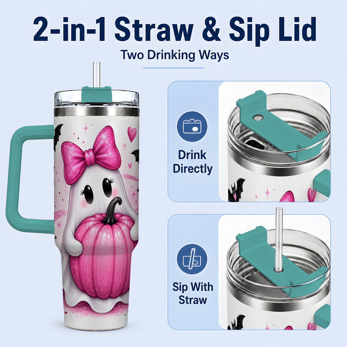 #pl[40oz|Green] Pink Ghost Pumpkin Tumbler, 40oz Halloween Drinkware with Bats