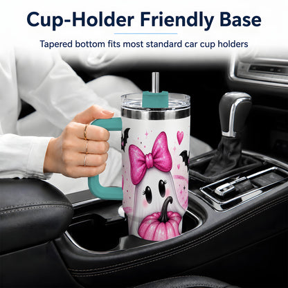 #pl[40oz|Green] Pink Ghost Pumpkin Tumbler, 40oz Halloween Drinkware with Bats