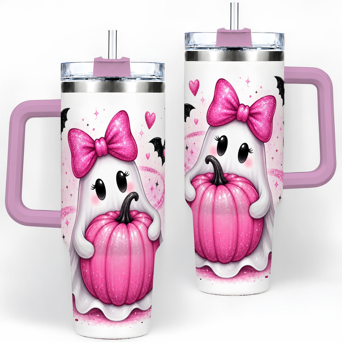 #pl[40oz|Pink] Pink Ghost Pumpkin Tumbler, 40oz Halloween Drinkware with Bats