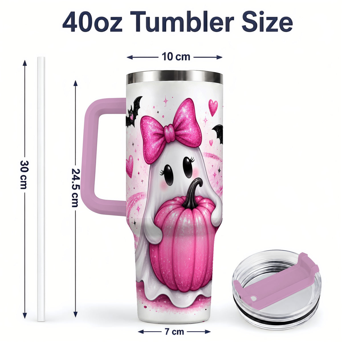 #pl[40oz|Pink] Pink Ghost Pumpkin Tumbler, 40oz Halloween Drinkware with Bats