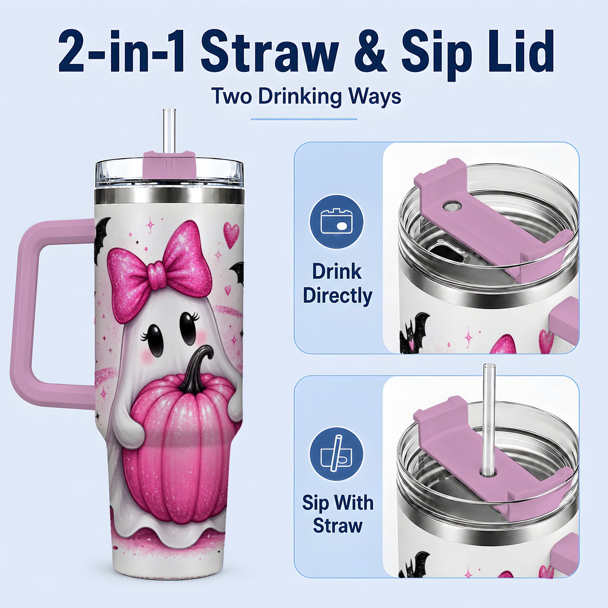 #pl[40oz|Pink] Pink Ghost Pumpkin Tumbler, 40oz Halloween Drinkware with Bats