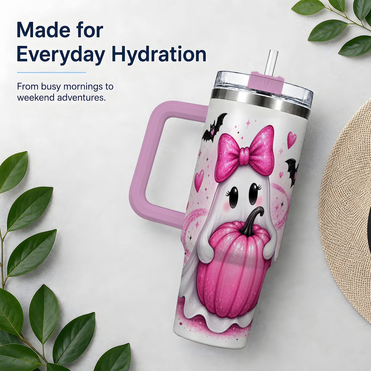 #pl[40oz|Pink] Pink Ghost Pumpkin Tumbler, 40oz Halloween Drinkware with Bats